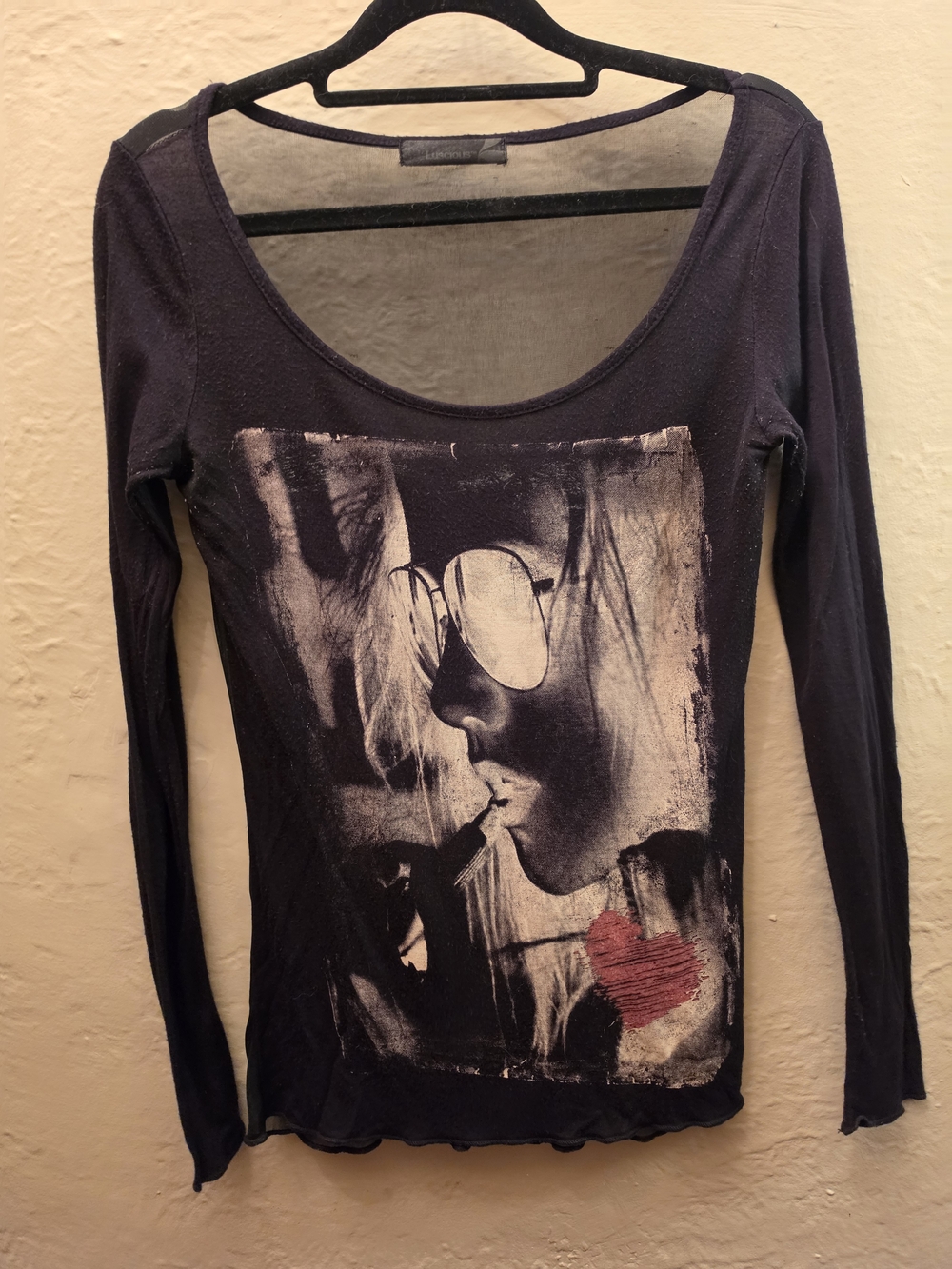 Y2K Indie Sleaze Portrait Graphic Mesh Long Sleeve Top Black Lucious